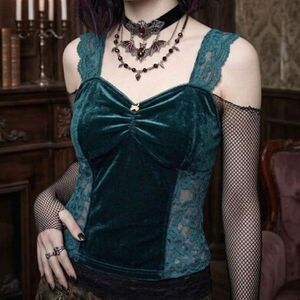 Y2k Babydoll Top Wn XL Green Velvet Cami Corset Lace Fairygrunge Goth Steampunk